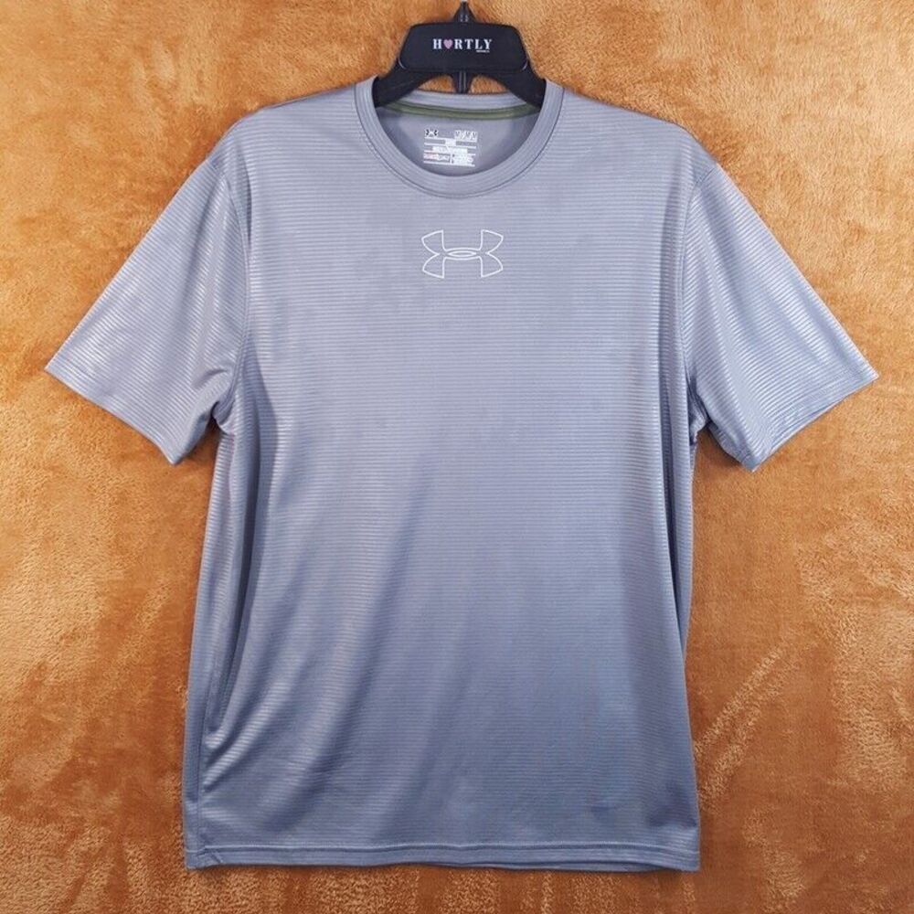 UNDER ARMOUR Mens Shirt Medium Gray Pullover Logo Short Sleeve Loose Heat Gear